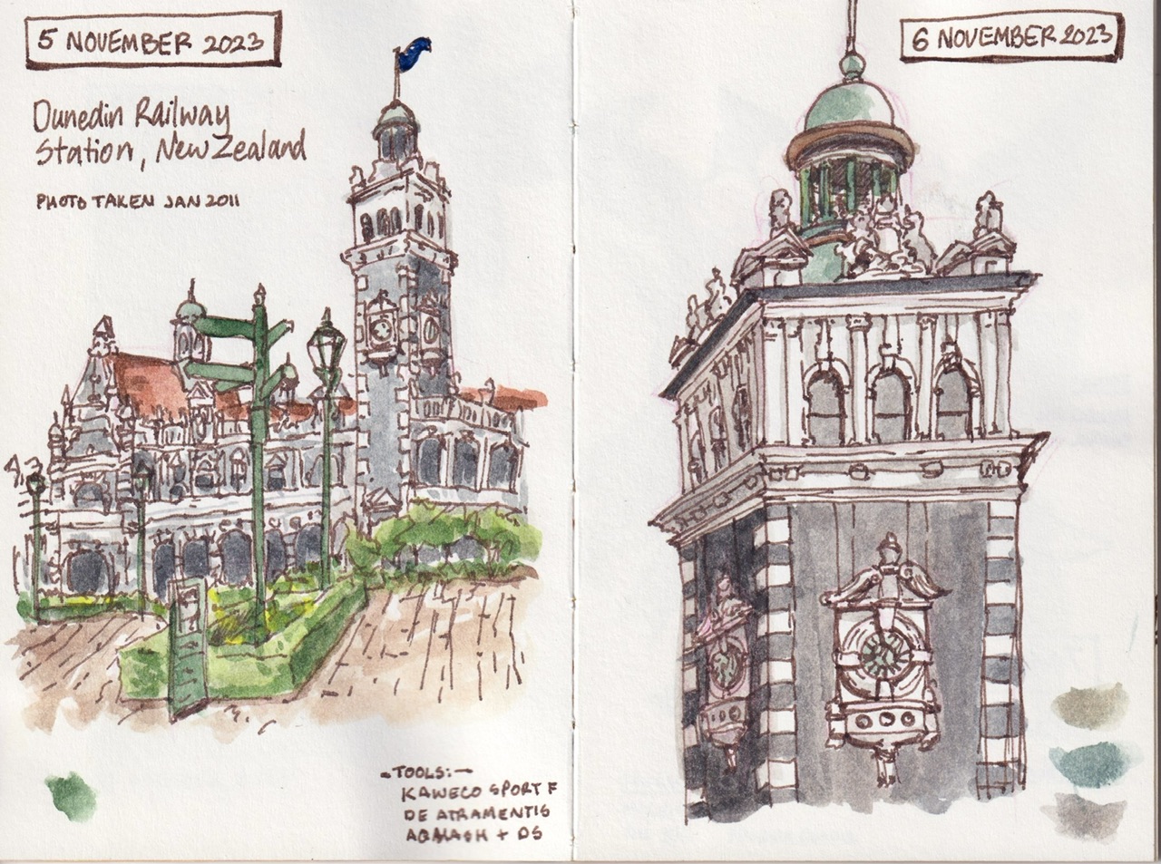sketchbook4 6.jpeg|ink and wash sketch of Dunedin train station